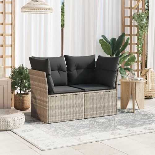 2-personers havesofa i polyrattan med hynder - lysegrå