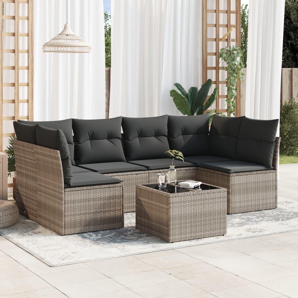Sofasæt Til Haven 7 Dele Med Hynder Polyrattan - Lysegrå / Med bord