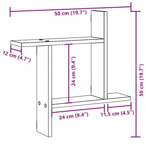 Væghylder 2 stk. - 50×12×50 cm i konstrueret træ, brun egetræsfarve