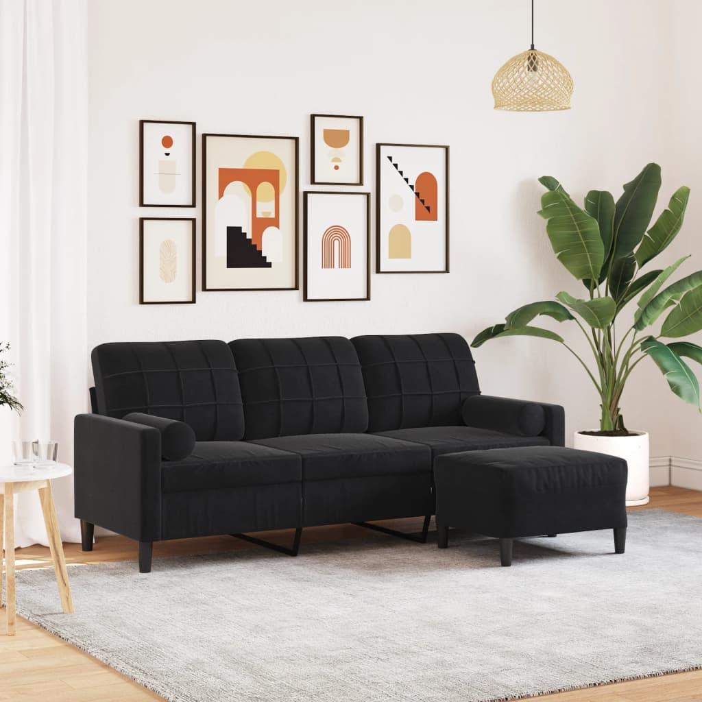 3-personers sofa med fodskammel 180 cm velour sort billede
