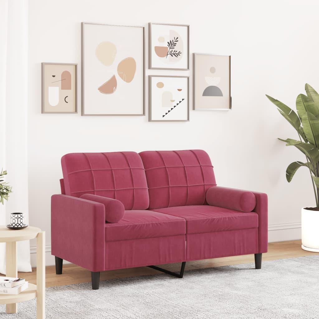 2-Personers Sofa Med Pyntepuder Velour - 120 cm / Vinrød