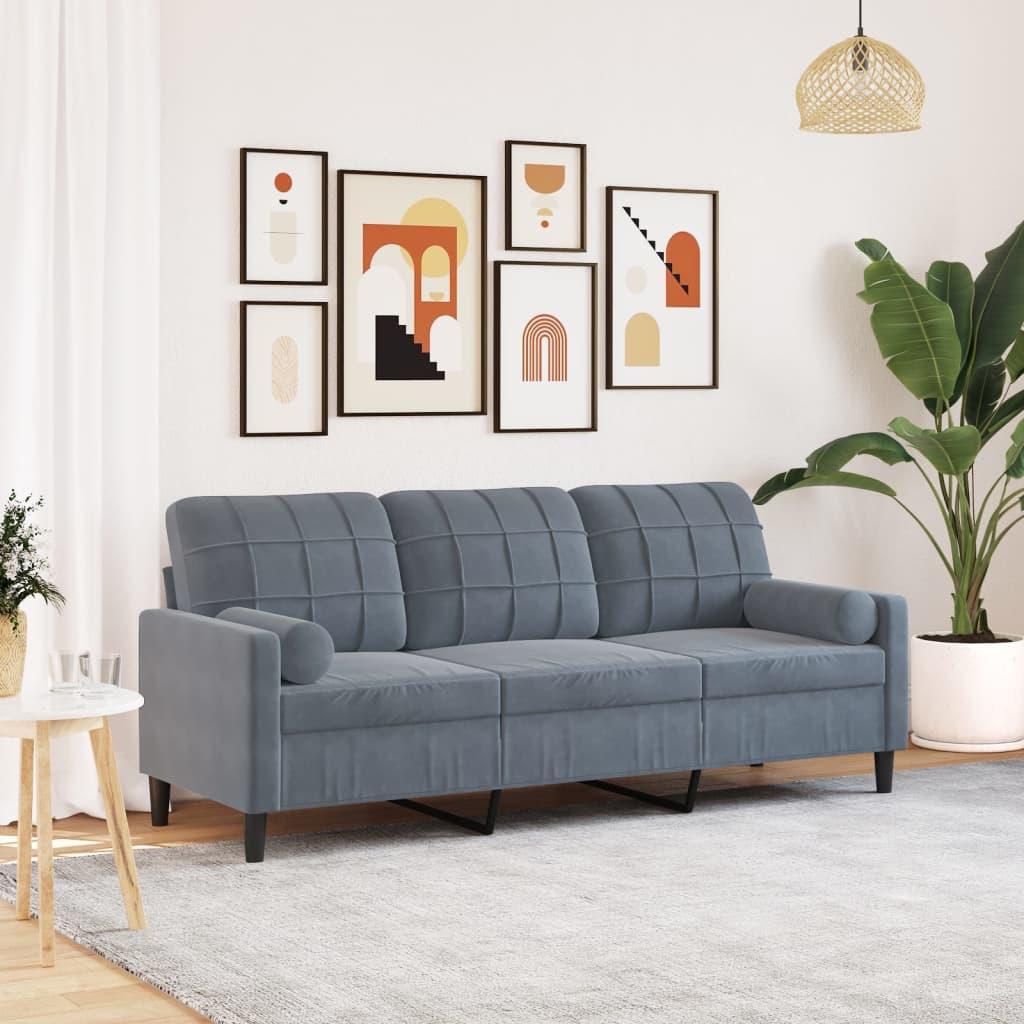 3-personers sofa med pyntepuder 180 cm velour mørkegrå billede