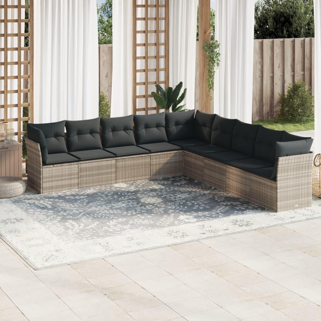 Sofasæt Til Haven 9 Dele Med Hynder Polyrattan Sort - Lysegrå / Uden bord