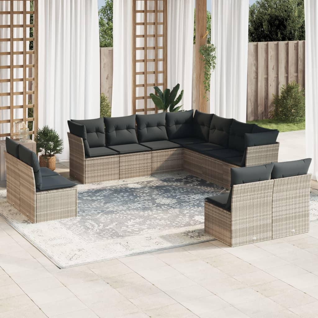 Loungesæt til haven - 11 dele med hynder og opbevaring, polyrattan, lysegrå/mørkegrå