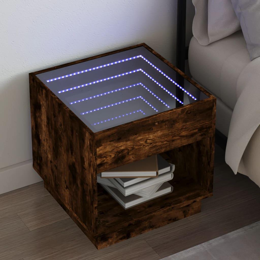 Sengebord med Infinity LED-lys 50x50x50 cm røget egetræsfarve