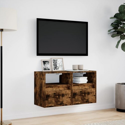 Væghængte tv-borde 2 stk. med LED-lys 41x31x45 cm røget eg
