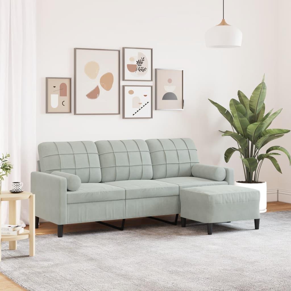 3-Personers Sofa Med Fodskammel Velour - 180 cm / Lysegrå