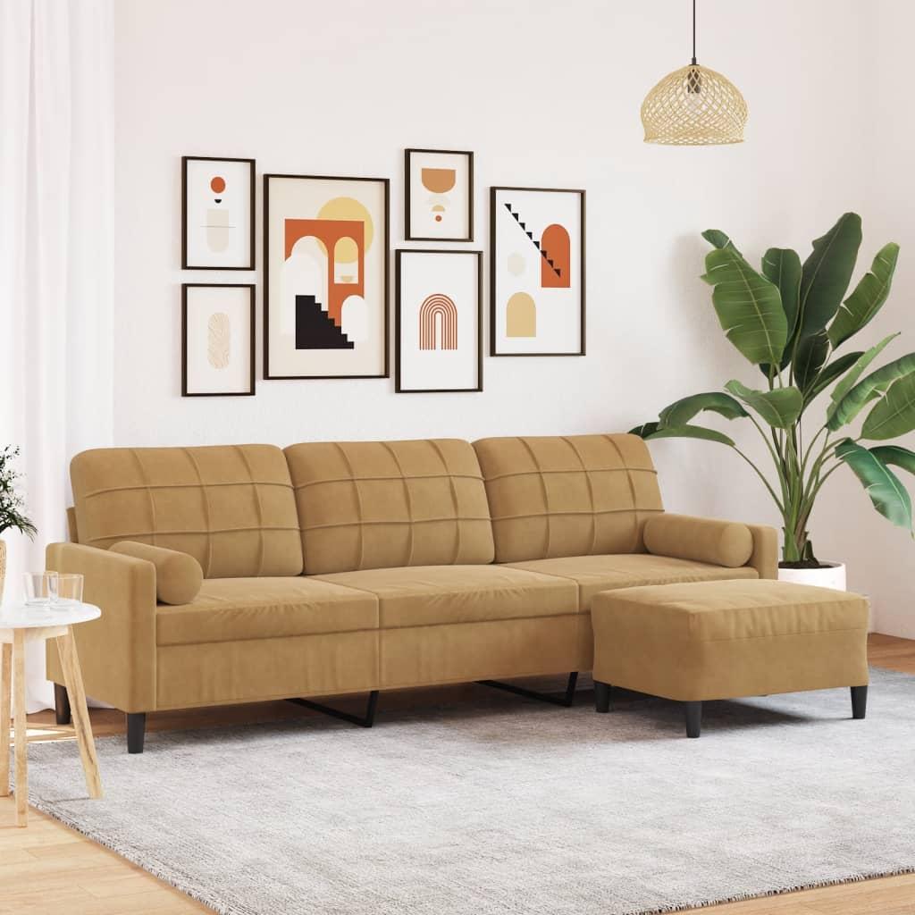 3-Personers Sofa Med Fodskammel Velour - 210 cm / Brun