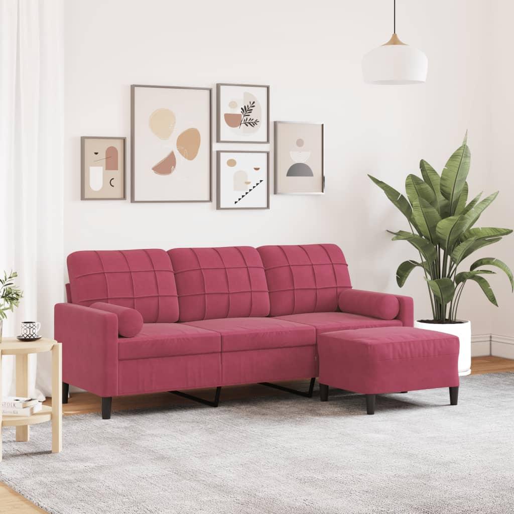 3-Personers Sofa Med Fodskammel Velour - 180 cm / Vinrød