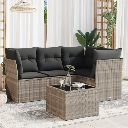 Sofasæt i polyrattan med hynder, 5 dele - lysegrå