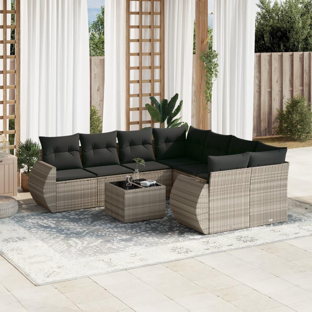 Sofasæt Til Haven 9 Dele Med Hynder Polyrattan Sort - Lysegrå