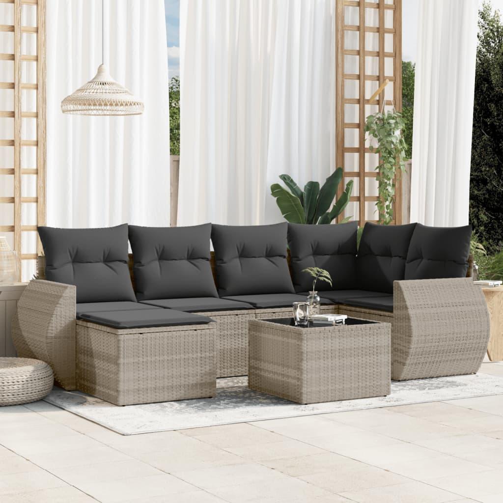 Havesofasæt i polyrattan, 7 dele med hynder - lysegrå