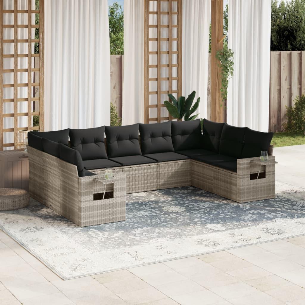 Sofasæt til haven, 9 dele med hynder - polyrattan, lysegrå