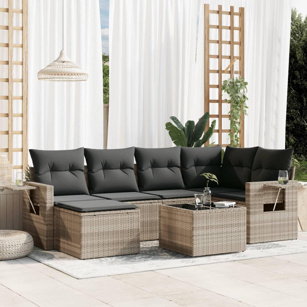 Sofasæt til haven 7 dele med hynder og opbevaring i polyrattan lysegrå