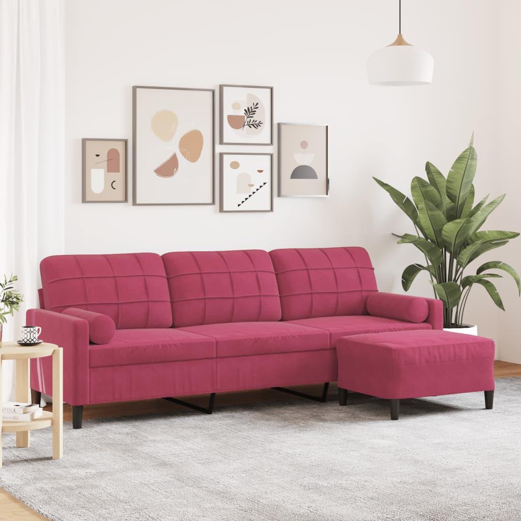3-personers sofa med fodskammel 210 cm velour vinrød billede