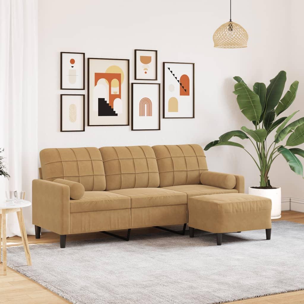 3-personers sofa med fodskammel 180 cm velour brun billede