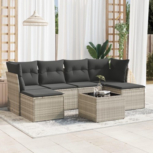 Sofasæt til haven i polyrattan - 7 dele med hynder, lysegrå