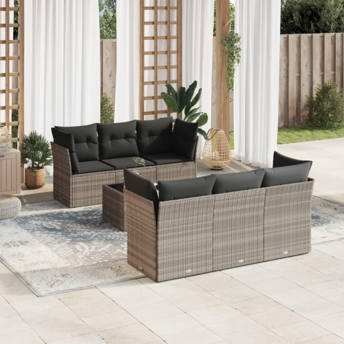 Sofasæt til haven i polyrattan - 7 dele med mørkegrå hynder, lysegrå