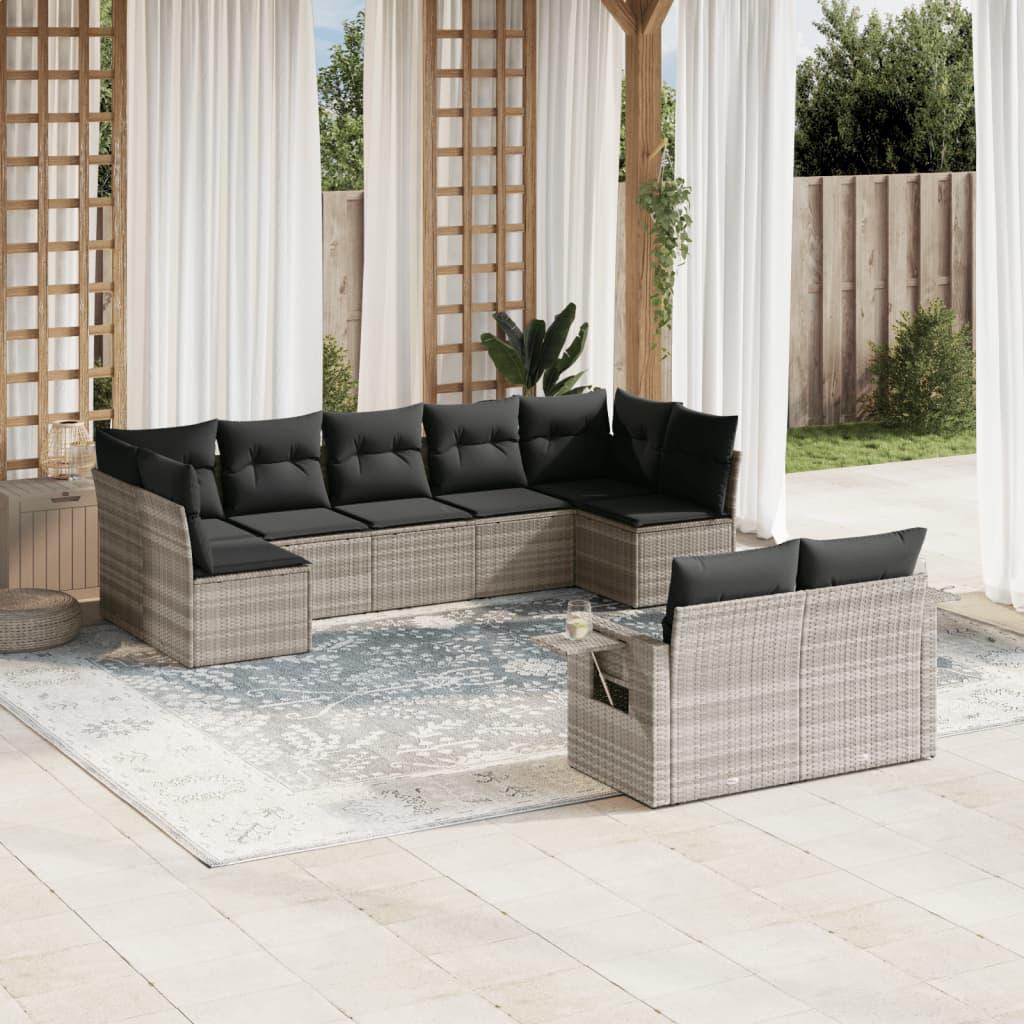 Sofasæt til haven - 9 dele med hynder i polyrattan, lysegrå