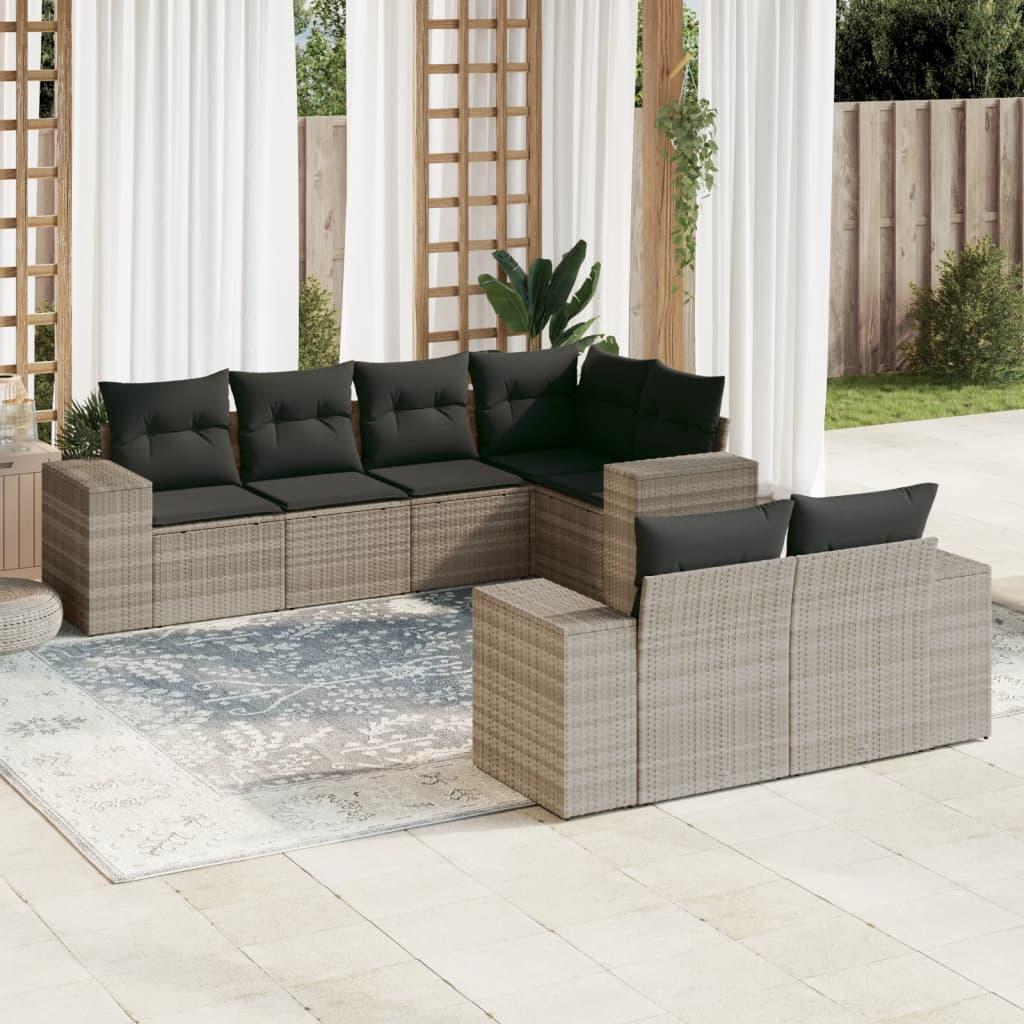 Sofasæt Til Haven 7 Dele Med Hynder Polyrattan Sort - Lysegrå og mørkegrå