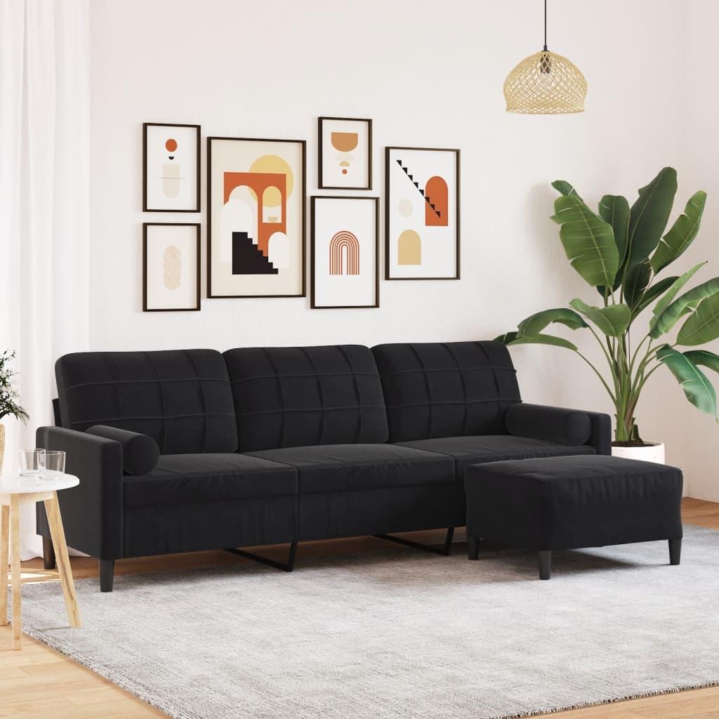 3-Personers Sofa Med Fodskammel Velour - 210 cm / Sort