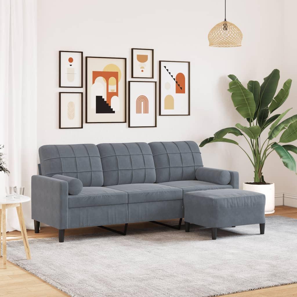 3-Personers Sofa Med Fodskammel Velour - 180 cm / Mørkegrå