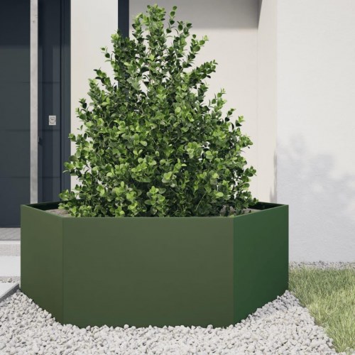Sekskantet plantekasse i stål 138 × 120 × 45 cm - olivengrøn