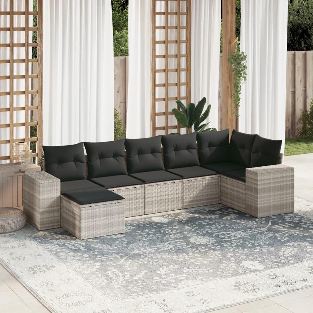 Sofasæt Til Haven 7 Dele Med Hynder Polyrattan Sort - Lysegrå / Med bord