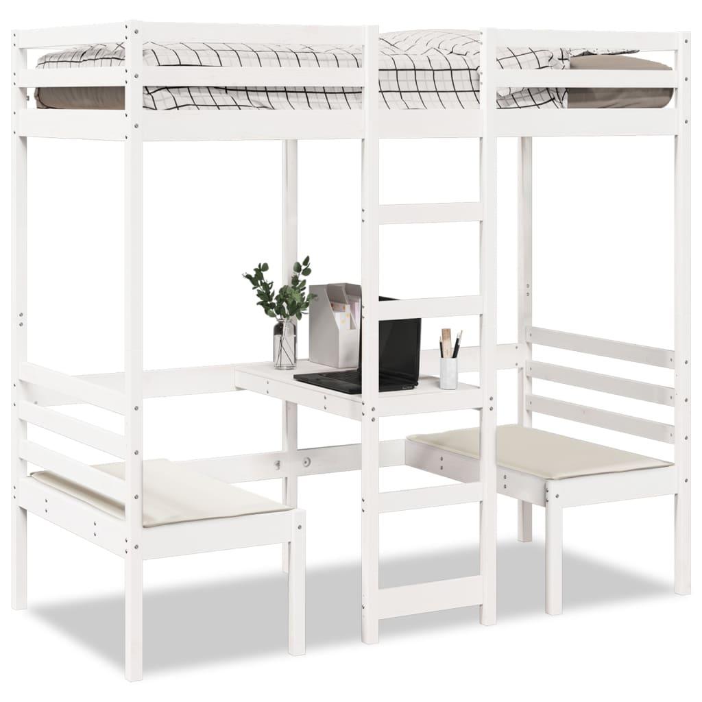 Højseng Med Skrivebord Og Stole 75x190 Cm Massivt Fyrretræ Hvid