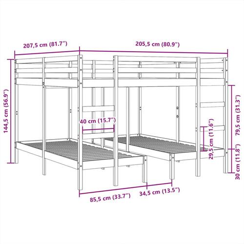 Tredobbelt køjeseng 200x200/80x200 cm massivt fyrretræ hvid