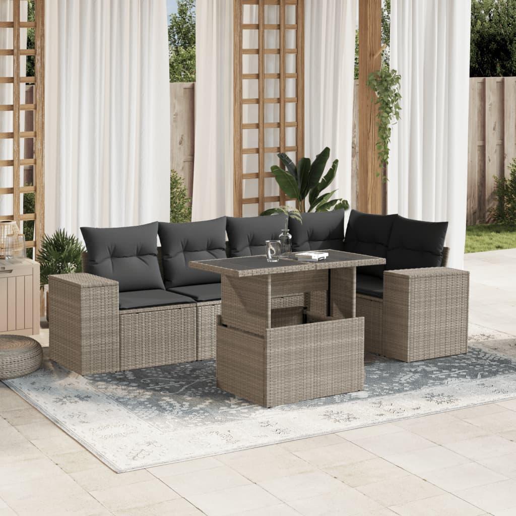 Sofasæt til haven i polyrattan - 6 dele med hynder, lysegrå