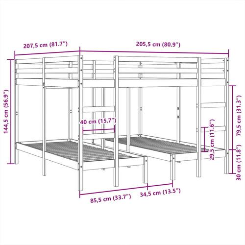 Tredobbelt køjeseng 140x200/70x140 cm massivt fyrretræ