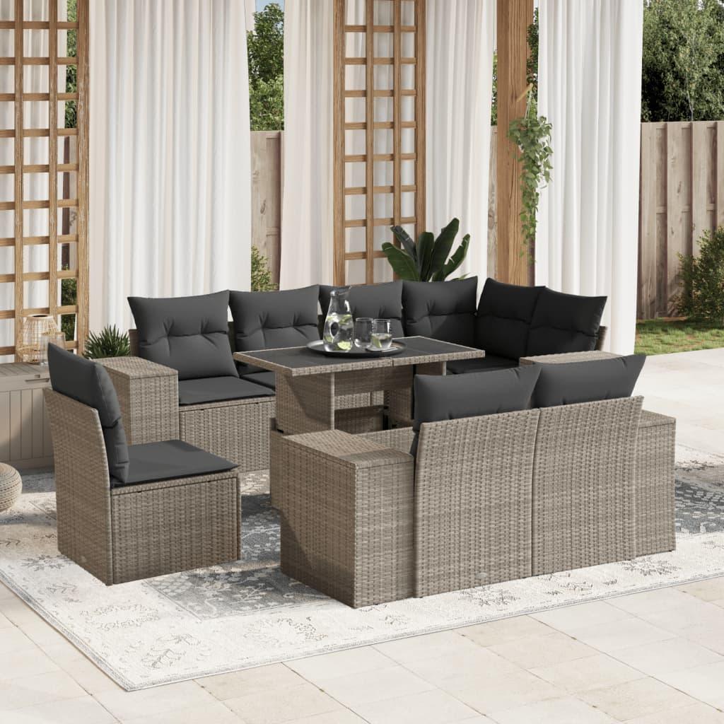 Sofasæt Til Haven 9 Dele Med Hynder Polyrattan Sort - Lysegrå / uden opbevaring