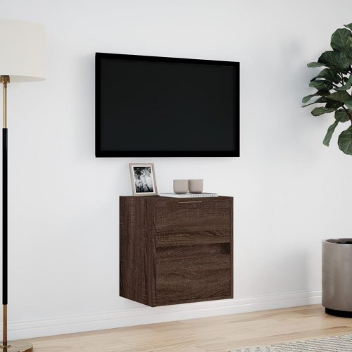 Væghængt tv-bord med LED-lys - brun egetræsfarve, 41 x 31 x 45 cm