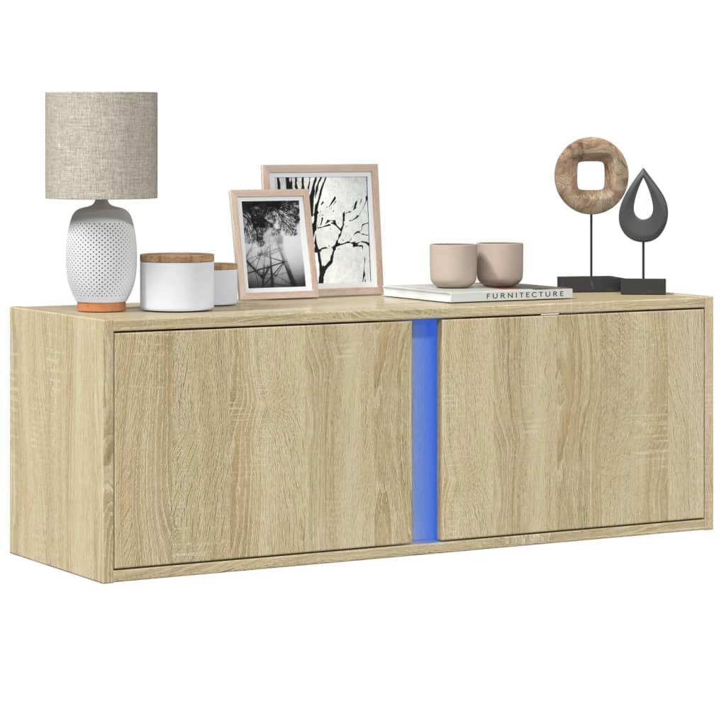 Væghængt tv-bord med LED-lys 100x31x35 cm sonoma-eg