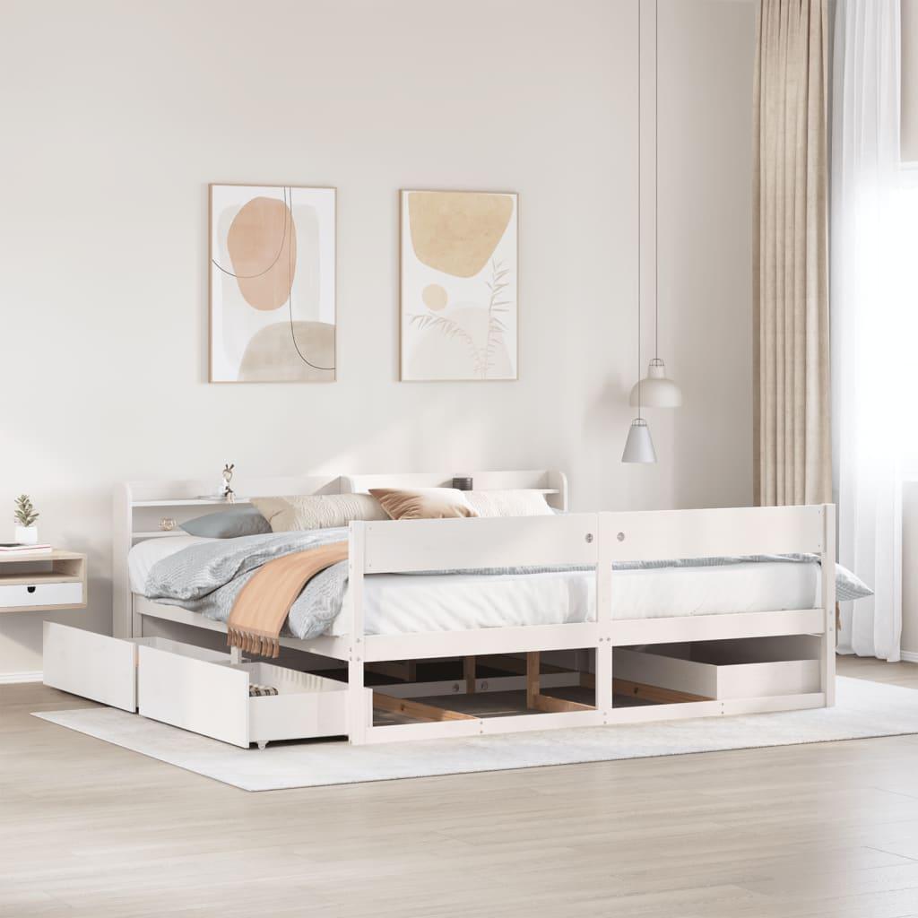 Sengeramme 180x200 cm med skuffer og hovedgærde - massivt fyrretræ, hvid