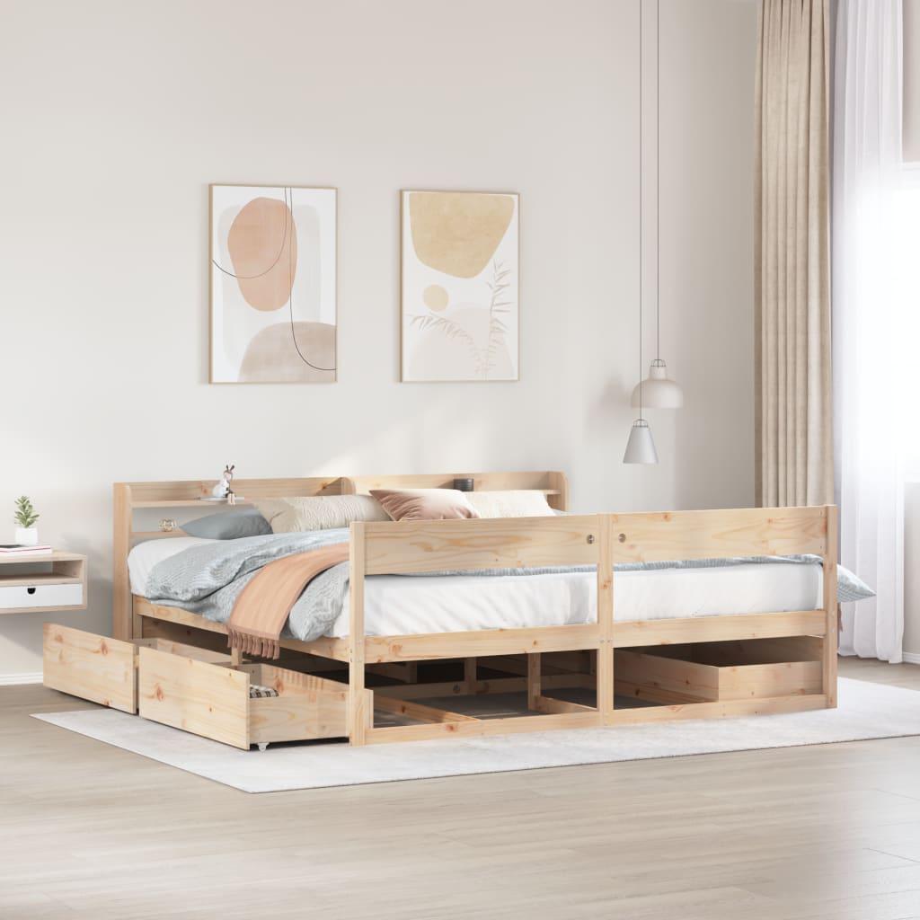 Sengeramme 200x200 cm i massivt fyrretræ med opbevaring og hovedgærde