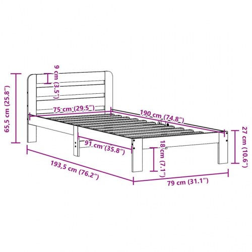 Sengeramme uden madras 75x190 cm massivt fyrretræ