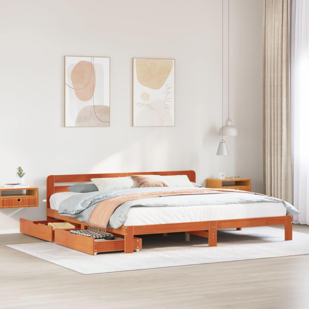 Sengeramme 200 x 200 cm i massivt fyrretræ - gyldenbrun med 2 opbevaringsskuffer