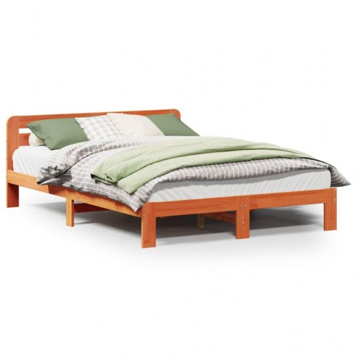 Sengeramme med sengegavl 150 x 200 cm i massivt fyrretræ - gyldenbrun