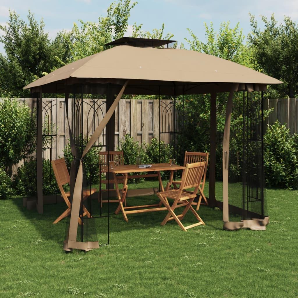 Pavillon 2,94x2,94 m dobbelt tag + meshvægge stål gråbrun
