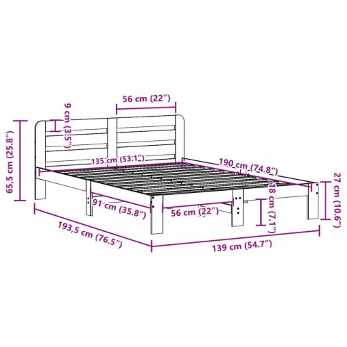 Sengeramme 135 x 190 cm i massivt fyrretræ uden madras