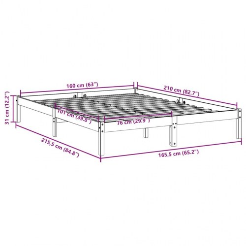 Ekstra lang sengeramme 160x210 cm - massivt fyr, hvid