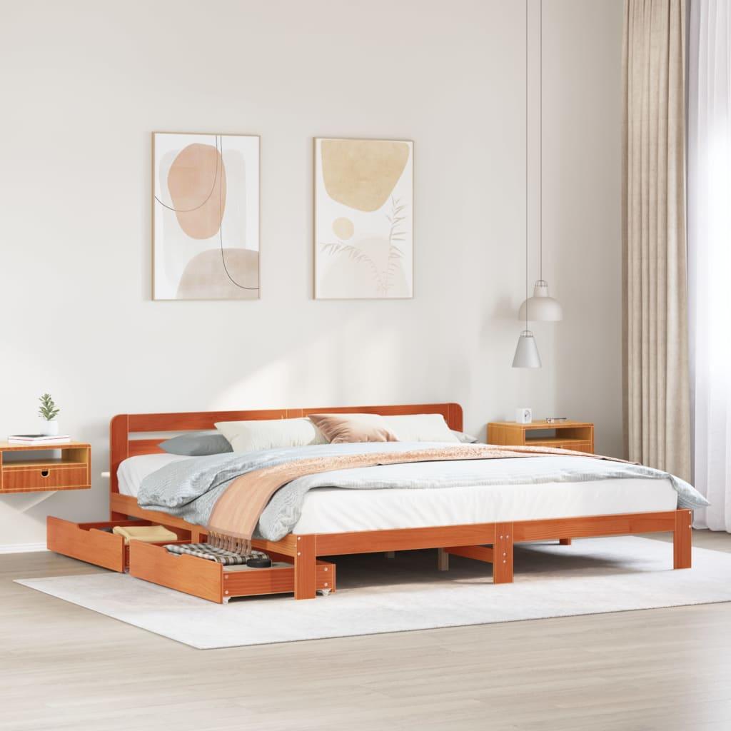Sengeramme 180x200 cm i massivt fyrretræ - gyldenbrun med 2 skuffer