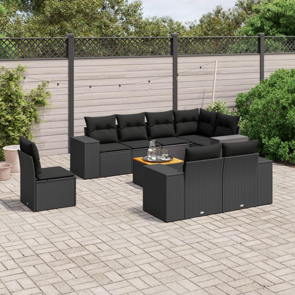 Sofasæt til haven i polyrattan - 9 dele med hynder, sort