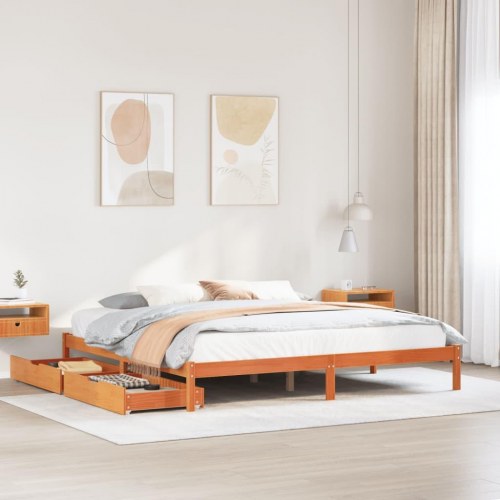 Sengeramme med 2 skuffer 200 x 200 cm massivt fyrretræ - gyldenbrun