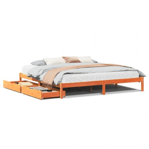 Sengeramme med 2 skuffer 200 x 200 cm massivt fyrretræ - gyldenbrun