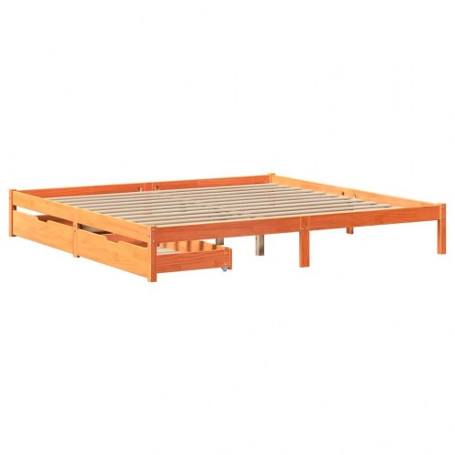 Sengeramme med 2 skuffer 200 x 200 cm massivt fyrretræ - gyldenbrun