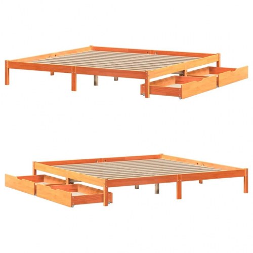 Sengeramme med 2 skuffer 200 x 200 cm massivt fyrretræ - gyldenbrun