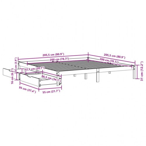 Sengeramme med 2 skuffer 200 x 200 cm massivt fyrretræ - gyldenbrun